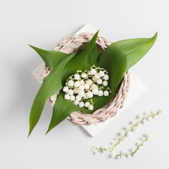 Lily of the valley bouquet on white background. Promotion and shopping template for Labor Day