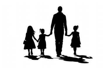 a silhuette of a father with 3 children walking hand in hand with shadows, silhouette in black filled with white background