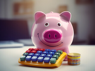 Smiling Piggy Bank with Calculator