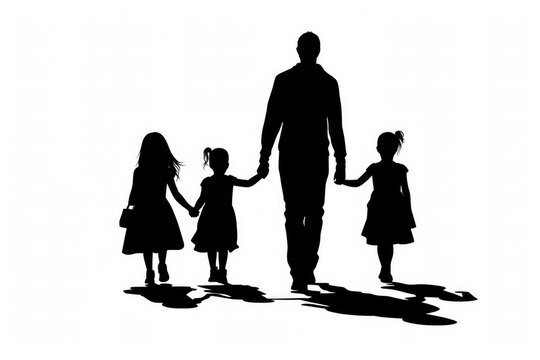 a silhuette of a father with 3 children walking hand in hand with shadows, silhouette in black filled with white background