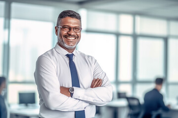 Business Mann mit Hemd und Krawatte steht lächelnd freundlich im modernen Büro - Thema Kompetenz, Erfolg oder ERP-Software - Generative AI