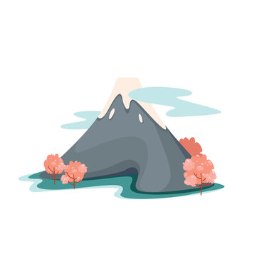 Concept Japan and China volcano. The illustration shows a volcano that is commonly found in China and Japan. The image is designed in a flat vector style with a cartoon look. Vector illustration.