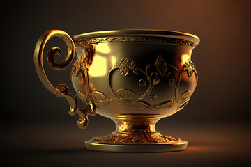 Gold cup for coffee or tea, beautiful golden design, illustration generative AI