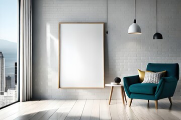 blank frame mockup in a room with a chair, generative, ai