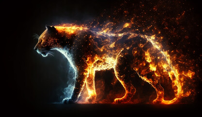 Leopard in fire cosmic space. gnerative ai.