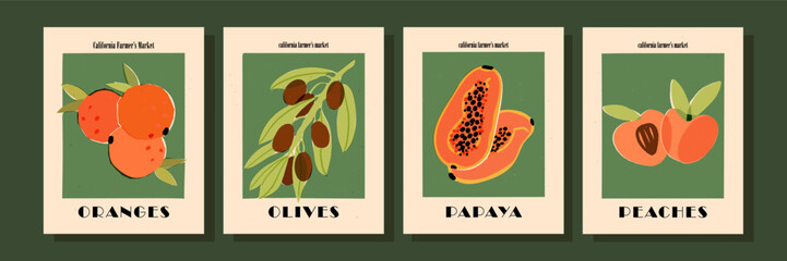 Retro-style fruit art print, vegan, vegetarian food, 1920s kitchen poster set. Papaya, peach, olives, oranges wall art.
