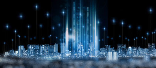 Data, information technology and innovation in a city at night for cyber security or digital...