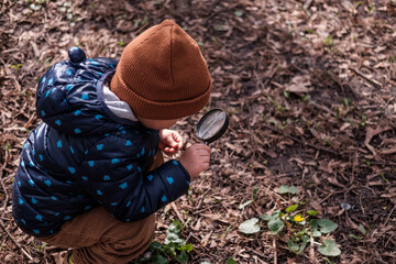 Curious little preschool boy child with magnifying glass exploring nature