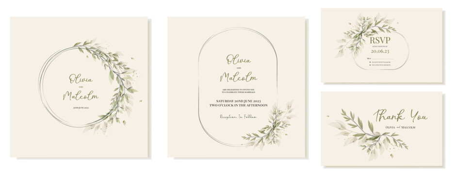 Square wedding invitation templates with vector watercolor leaves in a wreath. Rustic wedding inspired by nature. Vector