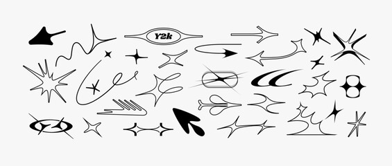 Set of icons of acid flare shapes and arrows. supernova explosion space figures in Y2k korean style. Vector illustration