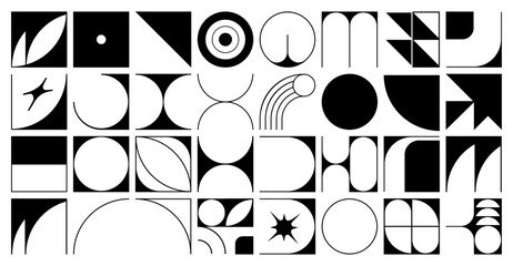 Set of simple geometric abstract thin line icons in a minimalist square shape design. Vector illustration