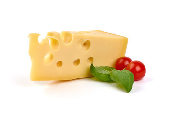 Emmental or maasdam cheese, close-up, isolated on white background.