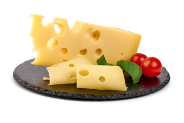 Emmental or maasdam cheese, close-up, isolated on white background.