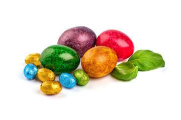 Colorful easter eggs, isolated on white background. Copy space.
