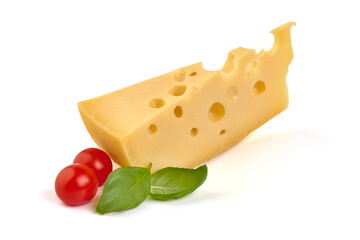 Emmental or maasdam cheese, close-up, isolated on white background.