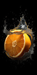 Fototapeta na wymiar orange fruits slice with water splash, fruit drink, floating orange slice in the water, black background 