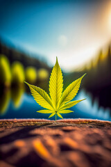 Marijuana leaf from cannabis plant growing outdoors