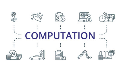 Computation outline set. Creative icons: asset, appreciation, balance sheet, individual account, credit, bookkeeper, depreciation, income statement, cash flow, ledger account.