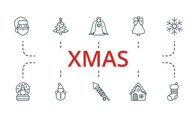 Xmas outline set. Creative icons: santa claus, christmas tree, angel, bell, snowflake, snow globe, snowman, petard, gingerbread house, christmas stocking.