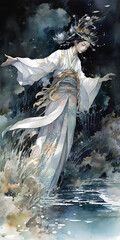 watercolor male cultivator in white hanfu dancing underwater, mystic, dramatic, storybook illustration, action, cinematic, wallpaper, generative ai