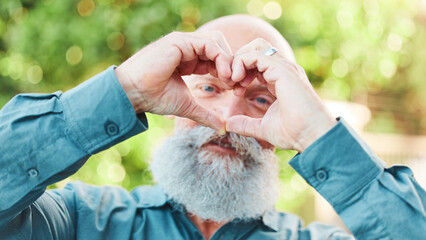 Portrait, hands and heart with a senior man outdoor in a garden during summer for love or health....
