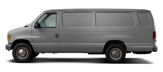 Classic American gray cargo van. Side view on a transparent background in PNG format.