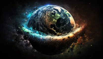 planet in space, the earth in galaxy, digital technology concept by generative AI.