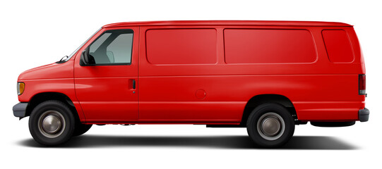 Plakat Classic American red cargo van. Side view on a transparent background in PNG format.