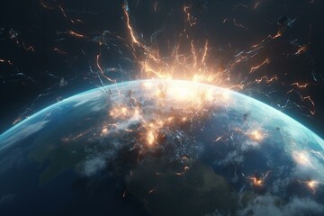 Fototapeta na wymiar Earth apocalypse with electric lightnings and explosions, Generative AI