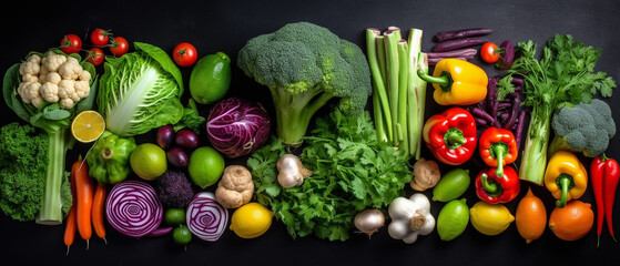Group of vegetables, Top view with aesthetic arrangement, Black background.