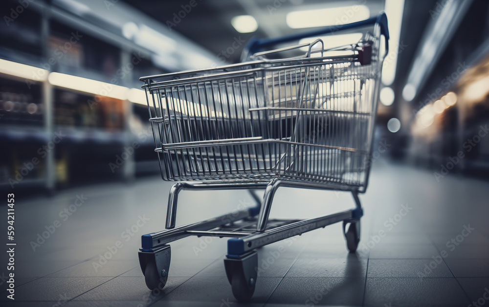 Poster empty shopping cart in supermarket, shallow depth of field. toned image, generative ai