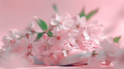 sneakers and cherry blossoms on pink background with copy space, Generative AI