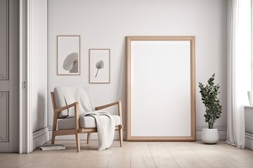 Obraz na płótnie Canvas Blank wooden picture frame mockup in modern interior. Vertical template mock up for artwork, painting, photo or poster in interior design, generative AI