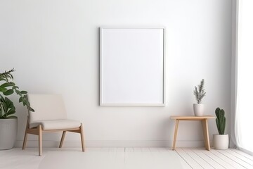Obraz na płótnie Canvas Blank wooden picture frame mockup in modern interior. Vertical template mock up for artwork, painting, photo or poster in interior design, generative AI