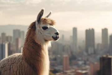 Obraz premium Adorable llama posing with a stunning city skyline in the background. Generative AI