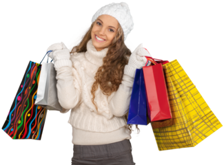 Young Woman In Winter Clothes Holding Presents - Isolated