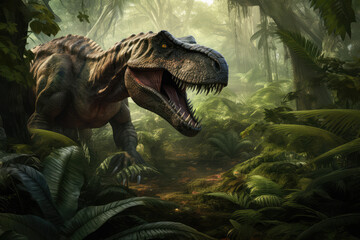 Extremely detailed and realistic illustration of dinosaur, t rex hunting in prehistoric jungle, generative AI