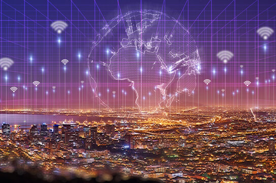 Global, network and information technology with an overlay city at night for connectivity or data sharing. 3d globe, hologram and ai for digital transformation or cyber security in an urban town - Powered by Adobe