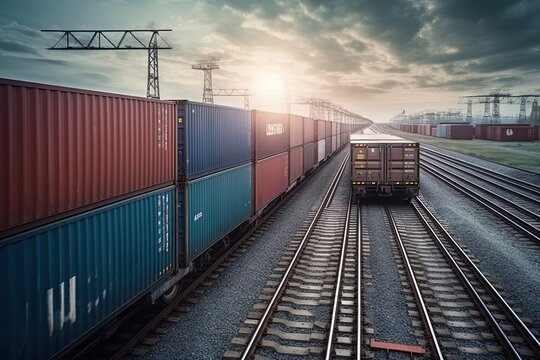 The freight train passes by the station at sunset or sunrise. Wagons with goods delivery. business logistic concept illustration generative ai