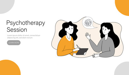 Emotional and psychological support. Landing page template. Woman is talking to a psychologist. Vector illustration.