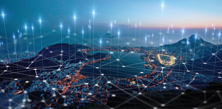 City, landscape and overlay in night for network, connectivity or iot infrastructure development in Cape Town. Metro, cbd and skyline with 3d holographic for cloud computing, connection or innovation