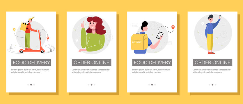 Set of flyers for the online food ordering and delivery service. illustration for poster, banner, advertisement.