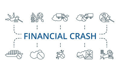 Financial crash outline set. Creative icons: sanctions, financial crisis, export ban, import ban, impeachment, logistic crisis, embargo, air traffic ban, economic default, economic crisis.