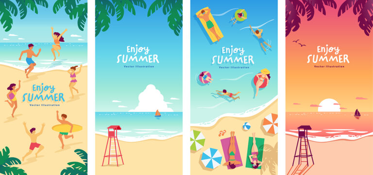 Summer seaside vacation landscape banner set