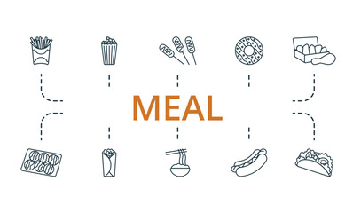 Meal outline set. Creative icons: french fries, popcorn, corndog, donut, chicken nugget, takoyaki, burrito, noodles, hot dog, taco.