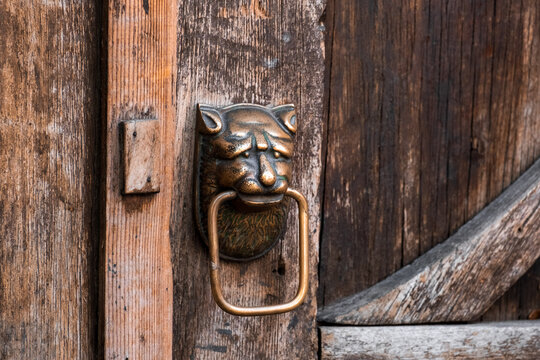 Vertical photo close-up of a brass doorknocker in the shape of a cat. Ancient vintage decor.