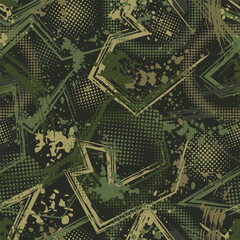 Abstract green camouflage pattern with splattered paint, paint brush strokes, broken lines, halftone shapes. Dense chaotic composition For apparel, fabric, textile, sport goods Grunge texture
