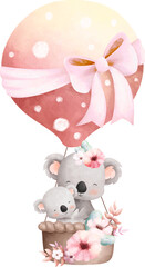 Watercolor illustration mom and baby koala in hot air balloon © Stella