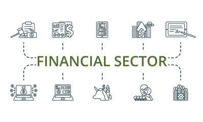 Financial sector outline set. Creative icons: tax regulation, financial data analytics, digital banking, future of money, electronic signature, crowdfunding platform, e-banking, unicorn startup, fraud
