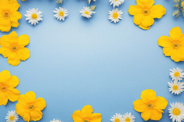Obraz premium frame of yellow, white flowers on blue cyan background. Generative ai